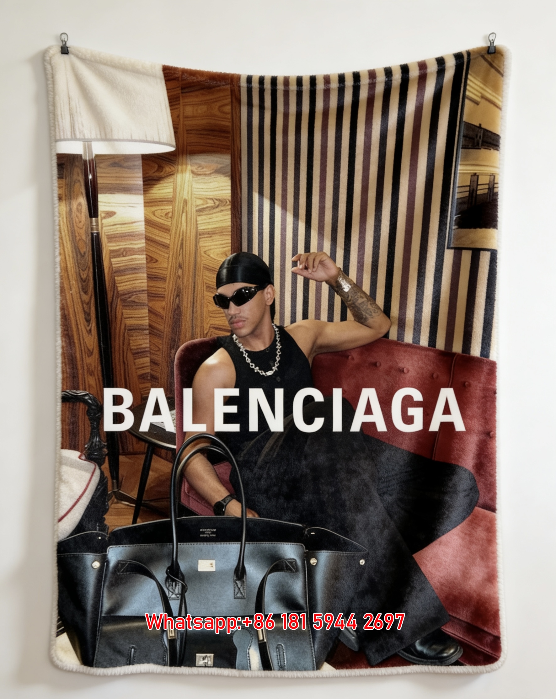 Balenciaga Street Style Editorial with Leather Tote Flannel Throw Blanket for Sofa Wall Decor BA129